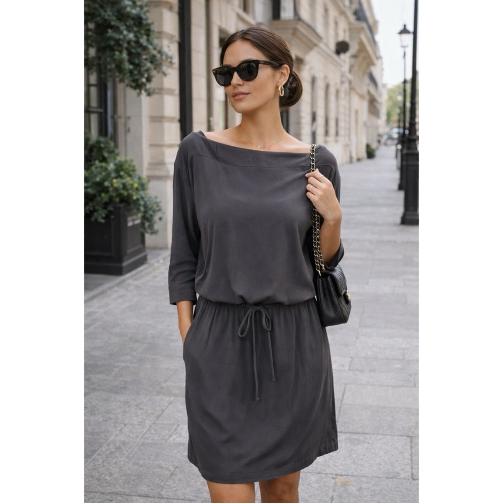 James Perse Drawstring Dress Boatneck Crepe 3/4 Sleeve Gray Sz L